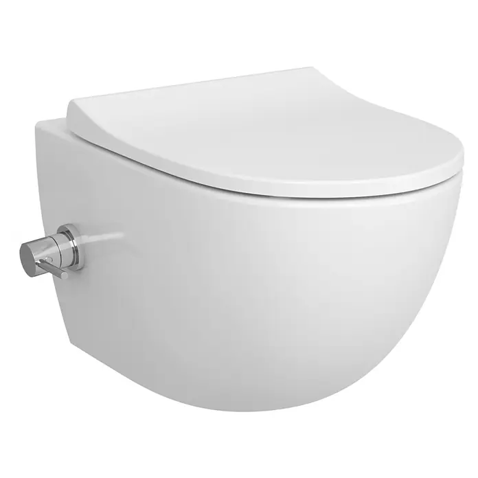 VitrA Sento Wand-Dusch-WC - Spülrandlos, Mit schmutzabweisender Glasur, Spülform: Tief, WC Abgang: Waagerecht, Weiß, Inklusive Thermostatarmatur - Weißes, wandhängendes Keramik-WC mit integrierter Bidetarmatur auf der linken Seite.