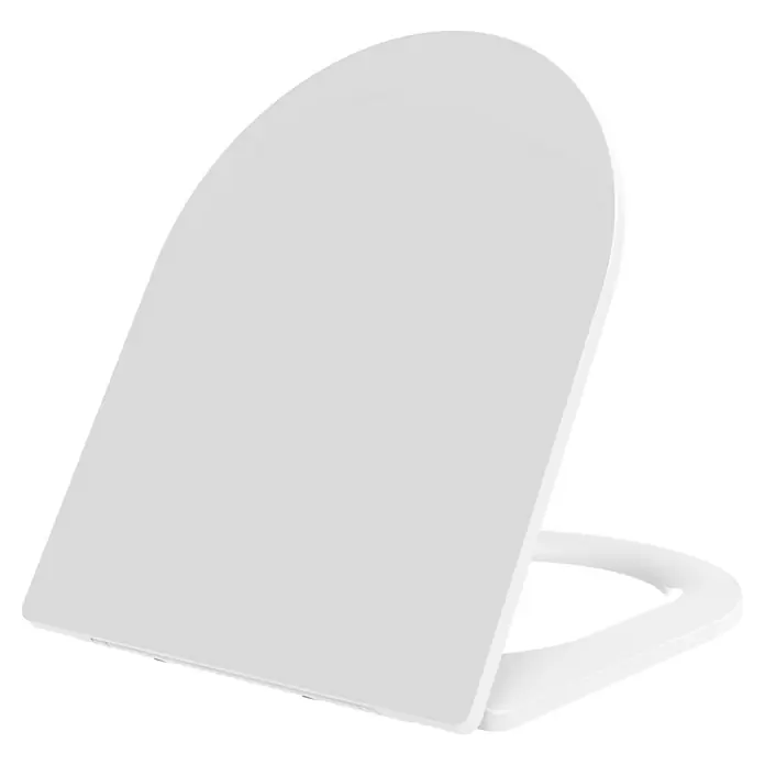 Camargue WC-Sitz Amsterdam - Duroplast, Weiß, Mit Absenkautomatik - Weißer, moderner Toilettensitz mit hochgeklapptem Deckel, schräg von vorne gesehen.