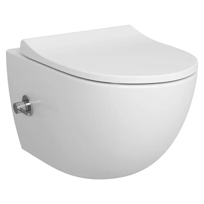 VitrA Sento Wand-Dusch-WC - Spülrandlos, Mit schmutzabweisender Glasur, Spülform: Tief, WC Abgang: Waagerecht, Weiß, Inklusive Armatur - Weißes wandhängendes WC mit integriertem Chrom-Bidetarmatur an der linken Seite.