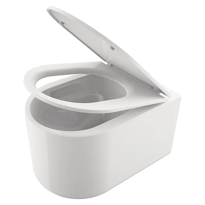 Camargue Wand-WC-Set Amsterdam - Spülrandlos, Ohne Spezialglasur, Spülform: Tief, WC Abgang: Waagerecht, Weiß - Moderne weiße Toilette mit geöffnetem Deckel, Sitz und innerer Schüssel. Elegantes Keramikdesign.