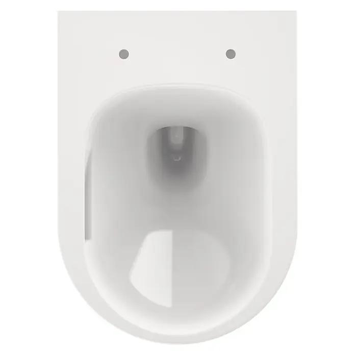 Camargue Wand-WC-Set Amsterdam - Spülrandlos, Ohne Spezialglasur, Spülform: Tief, WC Abgang: Waagerecht, Weiß - Weiße Keramik-Toilettenschüssel, Draufsicht, mit zwei Befestigungslöchern und Innenbereich.
