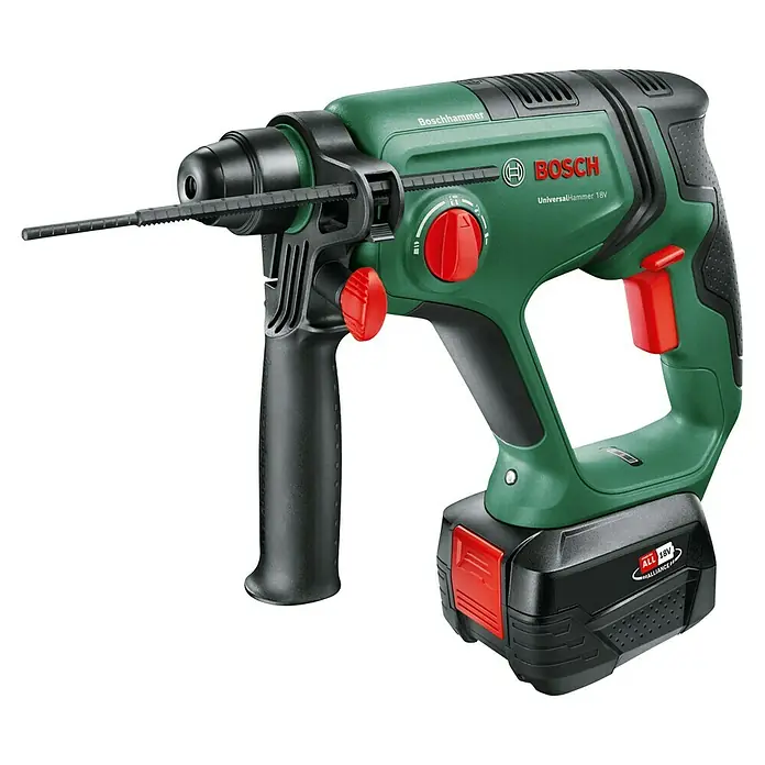 Bosch Power for All 18V Akku-Kombihammer UniversalHammer 18V - 18 V, 1 Akku, 4 Ah, 2 J - Bosch UniversalHammer 18V Akku-Bohrhammer in Grün-Schwarz mit Akku und Tiefenanschlag.