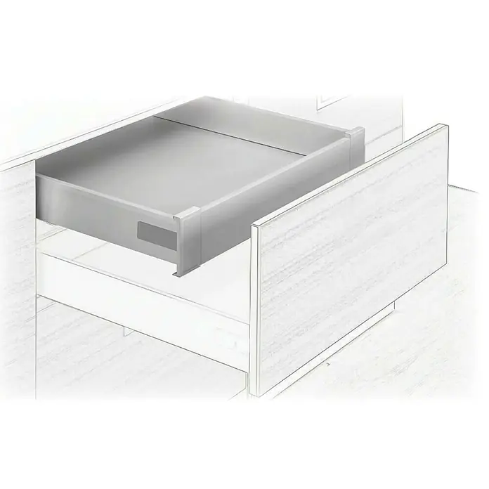 Cajón interior Modul box - L x An x Al: 48 x 59 x 7 cm - Cajón de metal gris parcialmente extraído de un armario blanco que muestra un diseño moderno.