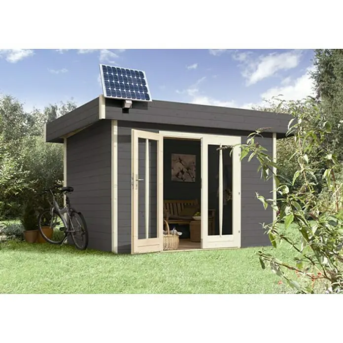 Sunset Solarmodul-Set PV45 - Nennleistung: 45 W - Ein modernes Gartenhaus mit Solarmodul auf dem Dach, das Energieeffizienz und stilvolles Design vereint. Fahrrad steht an der Seite.