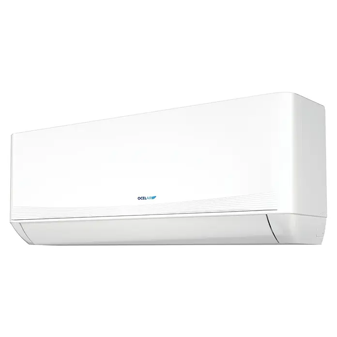 Ocelair Aire acondicionado Inverter Plus 12 - 3.500 W, 3.800 W, Tamaño de la estancia: 20 m² - 35 m² - Unidad interior blanca de aire acondicionado de pared con logo azul 'OCELAIR'.