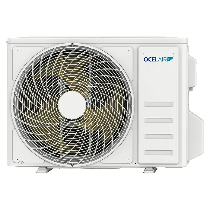 Ocelair Aire acondicionado Inverter Plus 12 - 3.500 W, 3.800 W, Tamaño de la estancia: 20 m² - 35 m² - Unidad exterior de aire acondicionado blanca con una gran rejilla de ventilador.