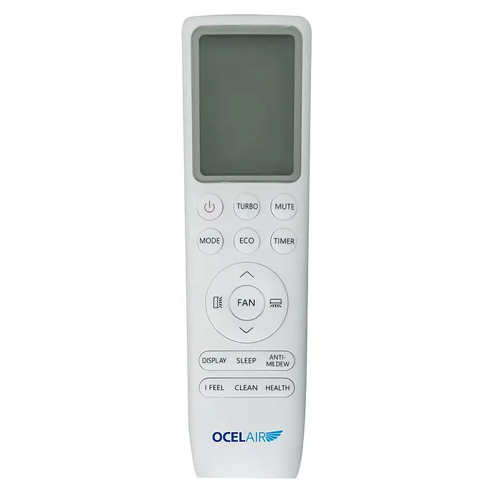 Ocelair Aire acondicionado Inverter Plus 12 - 3.500 W, 3.800 W, Tamaño de la estancia: 20 m² - 35 m² - Mando a distancia blanco de plástico para aire acondicionado con pantalla digital y botones de función.