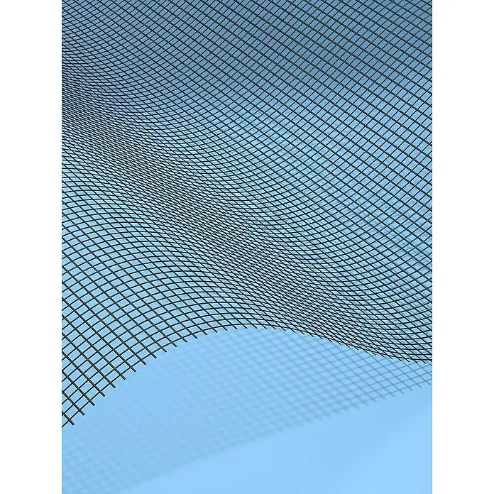 Tesa Insect Stop Fiberglasrolle Ersatzrolle - B x H: 1,2 x 2,5 m, Anthrazit - Dunkelgraues, gekrümmtes Drahtgeflecht wirft Schatten auf hellblauer Fläche.