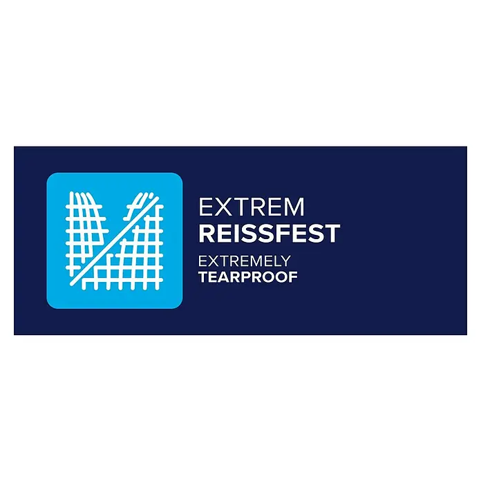 Tesa Insect Stop Insektenschutzgitter Ersatzrolle - B x H: 1 x 1,2 m - Icon: blaues Quadrat mit weißem, teilweise zerrissenem Gitter; Text: „EXTREM REISSFEST / EXTREMELY TEARPROOF“.