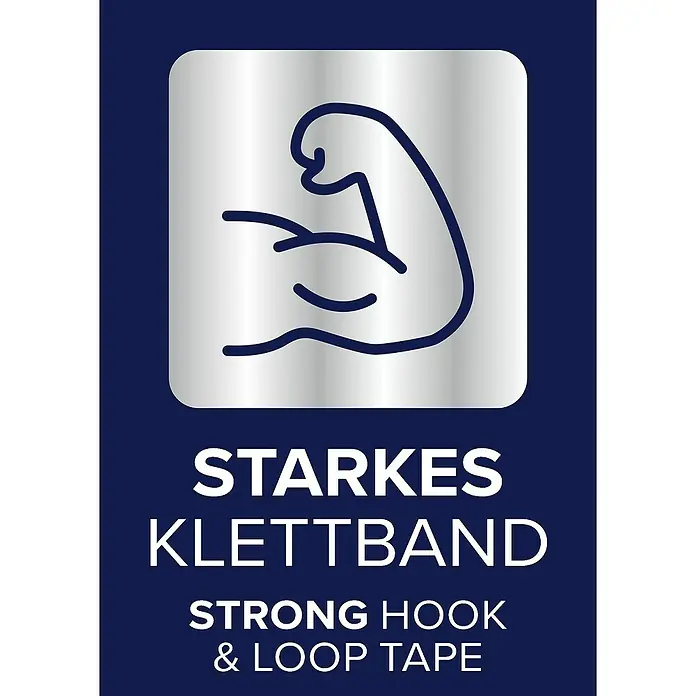 Tesa Insect Stop Insektenschutzgitter Premium - B x H: 120 x 250 cm, Weiß, Montage Insektengitter: Ankletten - Symbol eines starken Arms für starkes Klettband. Text: Starkes Klettband.