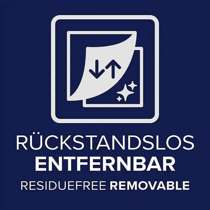 Tesa Insect Stop Insektenschutzgitter Premium - B x H: 120 x 250 cm, Weiß, Montage Insektengitter: Ankletten - Weißes Symbol mit abziehbarer Folie, Pfeilen und Funken, sowie Text 'RÜCKSTANDSLOS ENTFERNBAR' auf dunkelblauem Hintergrund.