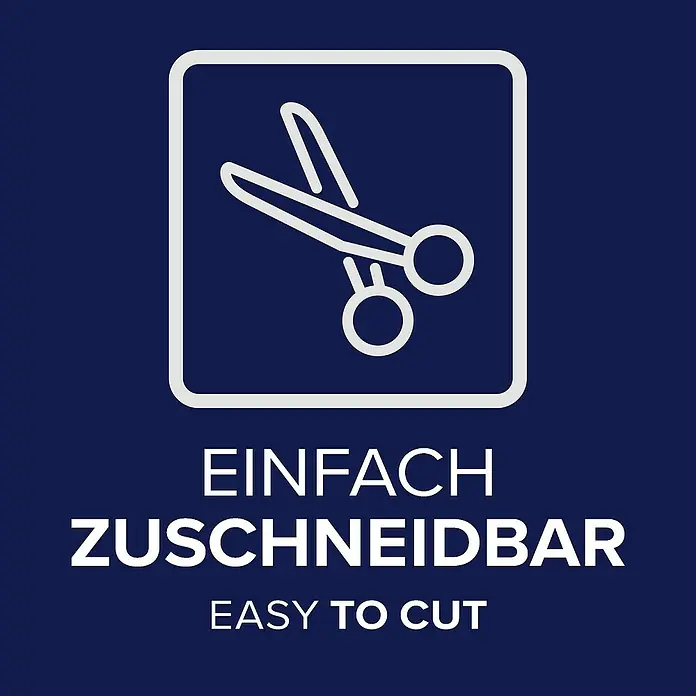 Tesa Insect Stop Insektenschutzgitter Premium - B x H: 120 x 250 cm, Weiß, Montage Insektengitter: Ankletten - Weißes Scheren-Symbol in einem abgerundeten Quadrat. Deutscher Text 'EINFACH ZUSCHNEIDBAR', englischer Text 'EASY TO CUT'.