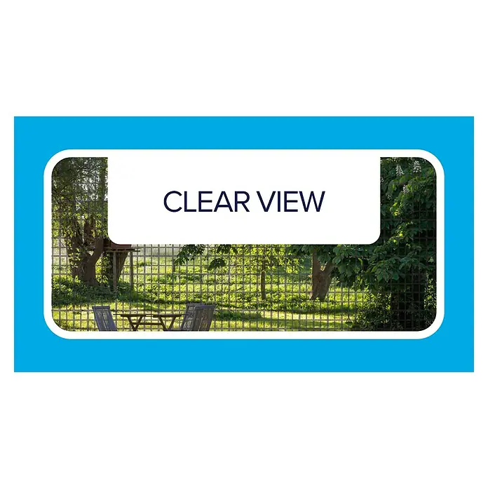 Tesa Insect Stop Fiberglasrolle Ersatzrolle - B x H: 1,2 x 2,5 m, Anthrazit - Weißer, abgerundeter Rahmen zeigt einen Gartenblick durch ein Gitter mit dem Text 'CLEAR VIEW'.