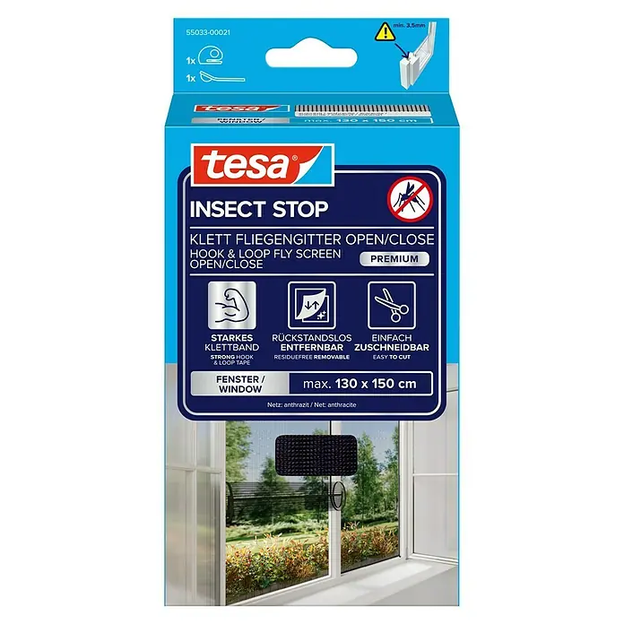 Tesa Insect Stop Insektenschutzgitter für Fenster zum Öffnen und Schließen - B x H: 130 x 150 cm, Montage Insektengitter: Ankletten - Tesa Insektenschutz-Fliegengitter (130x150cm), anthrazit, mit starkem, rückstandsfrei abziehbarem Klettband für Fenster.