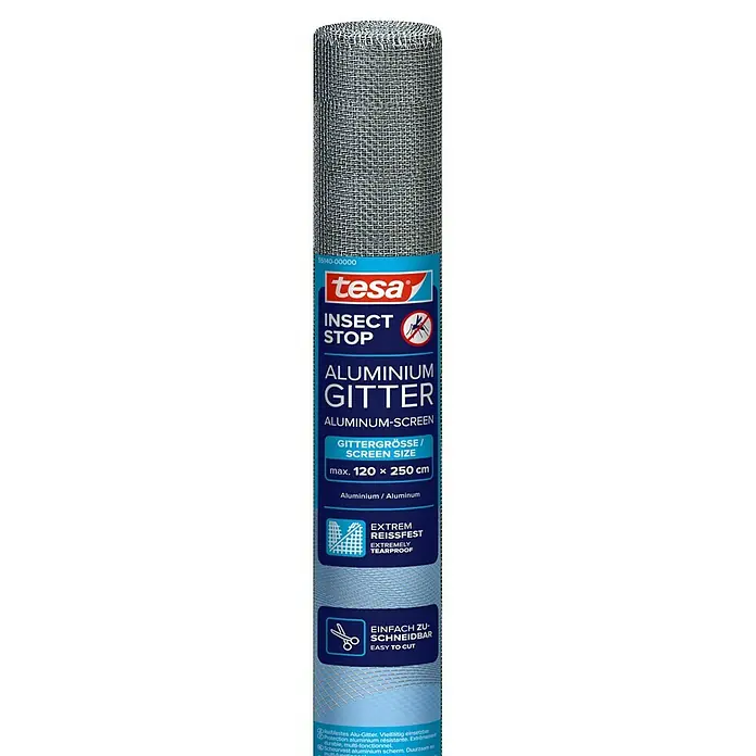 Tesa Insect Stop Insektenschutzgitter Ersatzrolle - B x H: 1,2 x 2,5 m - Gerolltes Aluminium-Insektengitter von Tesa zum Insektenschutz.