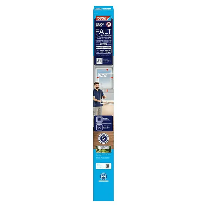 Tesa Mosquitera para ventana Falt - Blanco, Montaje de la mosquitera: Pinzas - Mosquitera telescópica plegable de aluminio Tesa Insect Stop para ventana, con marco blanco y malla Clear View Ultra antracita, ajustable hasta 140x140 cm.