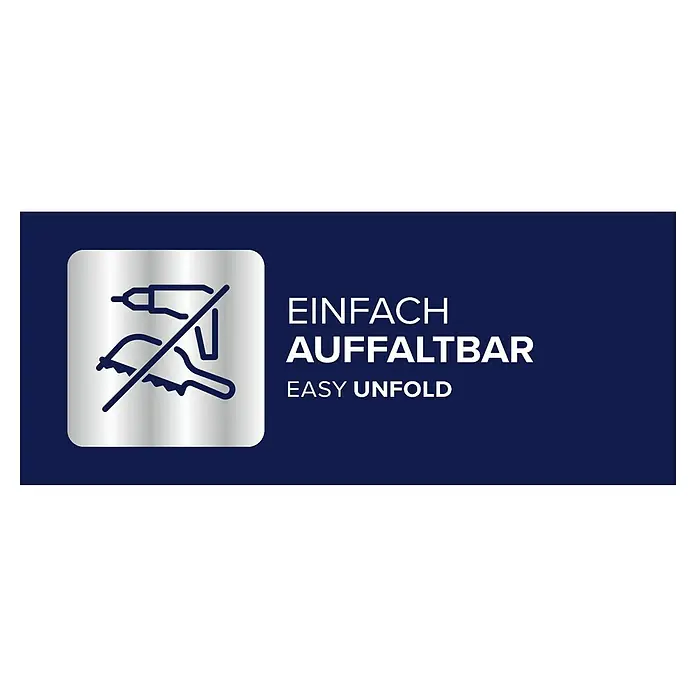 Tesa Insektenschutzfenster FALT für Fenster - Weiß, Montage Insektengitter: Klemmen - Grafik: Symbol eines durchgestrichenen Bohrers und einer durchgestrichenen Hand, mit Text 'EINFACH AUFFALTBAR' und 'EASY UNFOLD', für einfaches, werkzeugloses Entfalten.