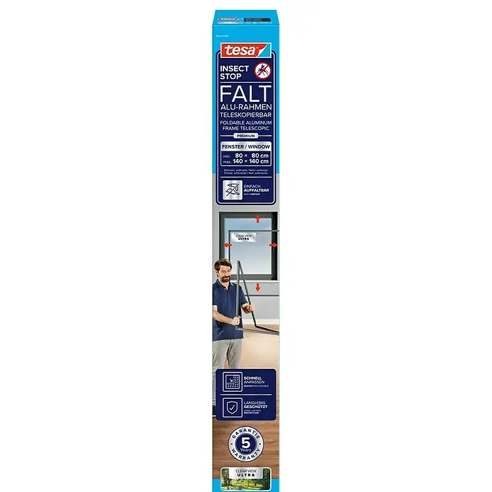 Tesa Mosquitera para ventana Falt - Antracita, Montaje de la mosquitera: Pinzas - Mosquitera de ventana telescópica Tesa Insect Stop FALT de marco de aluminio plegable, antracita, Clear View Ultra, 5 años de garantía.