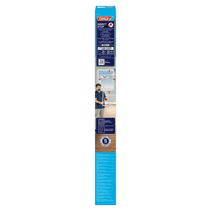 Tesa Mosquitera para ventana Falt - Blanco, Montaje de la mosquitera: Pinzas - Mosquitera telescópica tesa Insect Stop de aluminio para ventanas, marco blanco, ajustable hasta 140x140 cm. Fácil de desplegar.