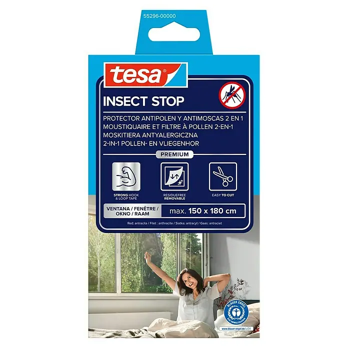Tesa Pollenschutzgitter - B x H: 1,5 m x 180 cm, Montage Insektengitter: Ankletten - Tesa Insect Stop Anthrazit 2-in-1 Pollen- & Insektenschutzgitter für Fenster, max. 150x180 cm. Wiederablösbar & leicht zuschneidbar.