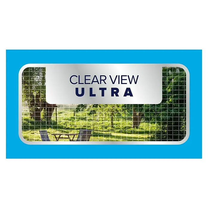 Tesa Insektenschutzfenster FALT für Fenster - Weiß, Montage Insektengitter: Klemmen - Grafik für 'Clear View Ultra' mit Gartenszene durch feines Gitter, Text auf metallischem Banner.
