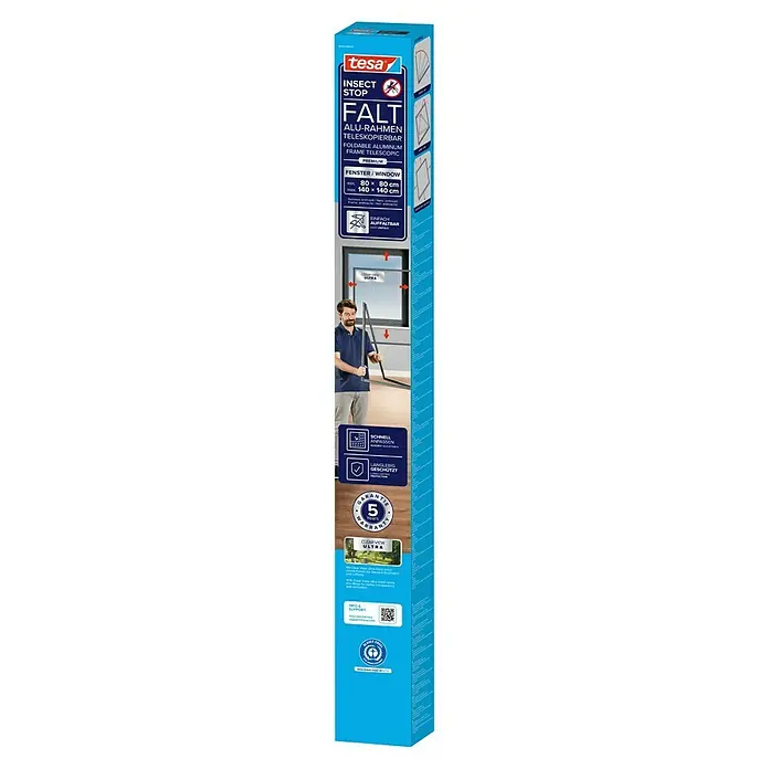 Tesa Mosquitera para ventana Falt - Antracita, Montaje de la mosquitera: Pinzas - Mosquitera plegable de aluminio telescópico Tesa, antracita, para ventanas, en el embalaje.