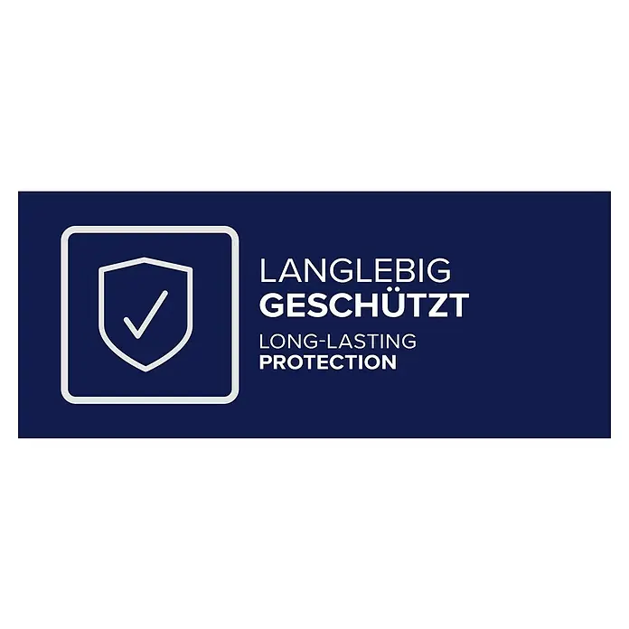 Tesa Insect Stop Insektenschutz-Dachfensterplissee teleskopierbar - Montage Insektengitter: Kleben - Umriss eines weißen Schildes mit Häkchen und Text 'Langlebig Geschützt / Long-lasting Protection' auf Dunkelblau.