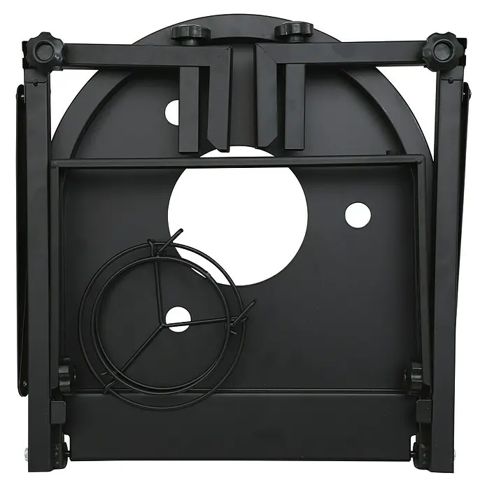 Halterung Balkon & Wand - Passend für: Gasgrill Urban - Schwarze, zusammenklappbare, runde Pizzaofentisch mit Löchern und einem runden Drahtgestell für den Pizzastein.