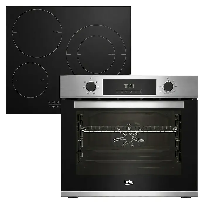 Beko Set de horno y zona de cocción BBIE12300XD - Volumen horno: 72 l, Inox/Negro - Placa de inducción negra de cuatro zonas y horno eléctrico empotrable plateado y negro.
