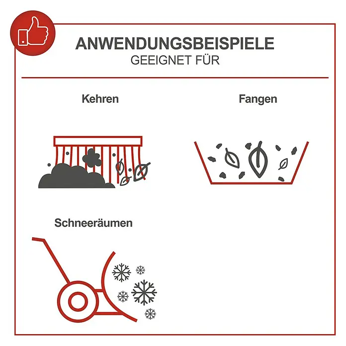 Scheppach Kehrmaschine SC2200PE 3 in 1 - 3,6 kW, Arbeitsbreite: 100 cm, 1 x SCHEPPACH Benzin Kehrmaschine - Anwendungsbeispiele mit Icons: Kehren von Schmutz, Auffangen von Laub und Schneeräumen.