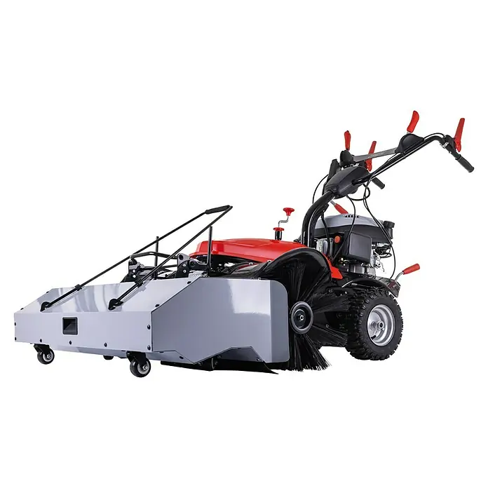Scheppach Kehrmaschine SC2200PE 3 in 1 - 3,6 kW, Arbeitsbreite: 100 cm, 1 x SCHEPPACH Benzin Kehrmaschine - Rote und graue Kehrmaschine mit schwarzer Bürste und Rädern, für die Außenreinigung.