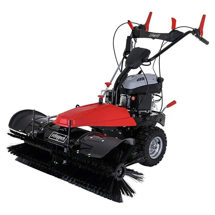 Scheppach Kehrmaschine SC2200PE 3 in 1 - 3,6 kW, Arbeitsbreite: 100 cm, 1 x SCHEPPACH Benzin Kehrmaschine - Rote und schwarze Kehrmaschine mit großen Frontbürsten und robusten Rädern.