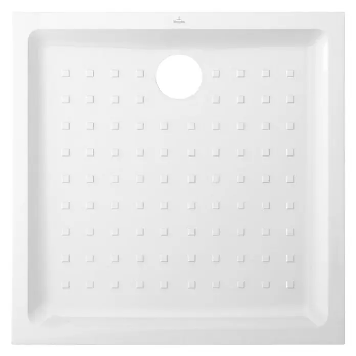 Villeroy & Boch O.novo Duschwanne - L x B: 100 x 100 cm, Keramik, Weiß, Rutschfest - Weisse Duschwanne mit quadratischem Muster und rundem Abfluss in der Mitte für ein modernes Badezimmerdesign.