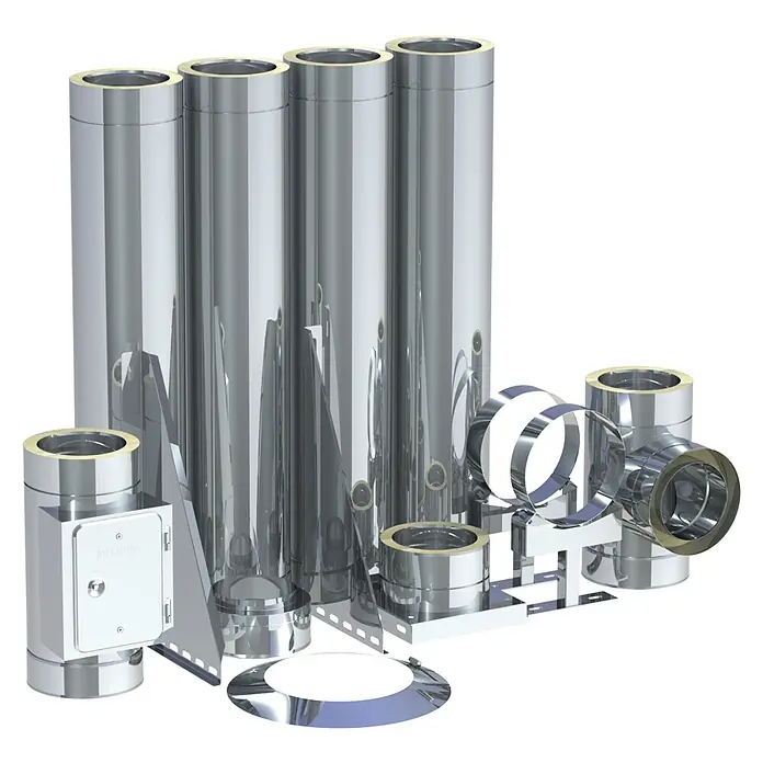 Edelstahl-Außenkamin - Durchmesser: 180 mm, Gesamtlänge: 4,8 m, Edelstahl - Glänzende Edelstahl-Schornsteinrohre und modulare Komponenten für Abgassysteme.