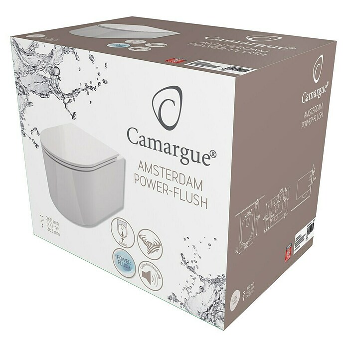 Camargue Wand-WC-Set Amsterdam (Spülrandlos, Ohne Spezialglasur, Spülform: Tief, WC Abgang: Waagerecht, Weiß) | BAUHAUS