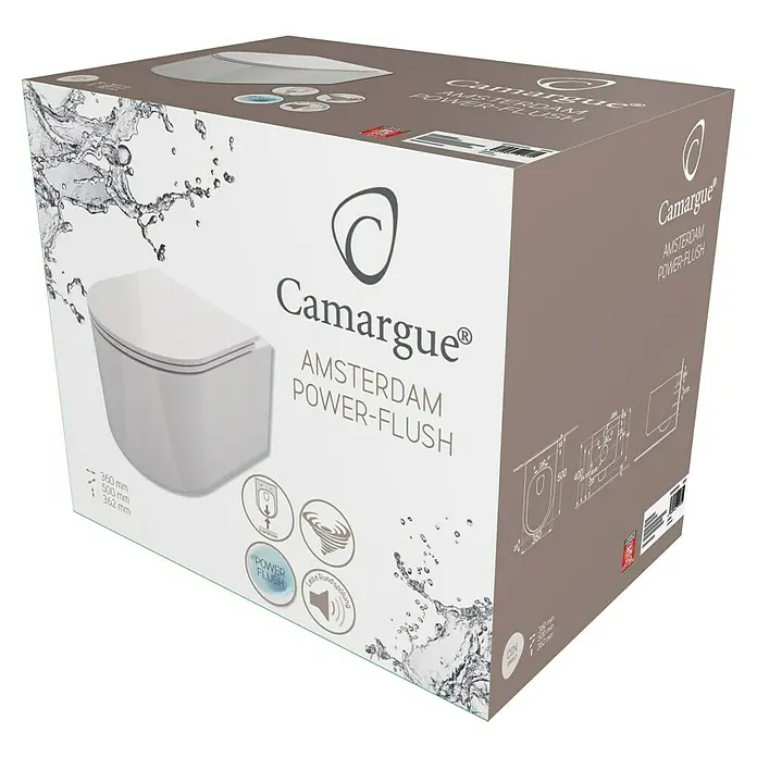 Camargue Wand-WC-Set Amsterdam - Spülrandlos, Ohne Spezialglasur, Spülform: Tief, WC Abgang: Waagerecht, Weiß - Camargue Amsterdam Power-Flush Wand-WC in seiner Verpackung.
