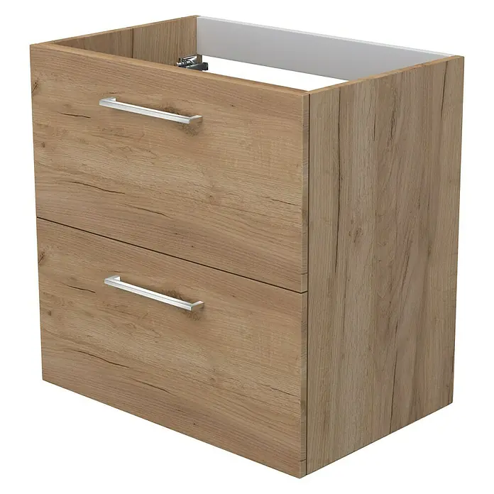 Camargue Espacio Waschtischunterschrank - 60 x 40 x 60 cm, 2 Schubkästen, Doce - Hängender Waschtischunterschrank in Holzoptik mit zwei Schubladen und silbernen Griffen für das Badezimmer.