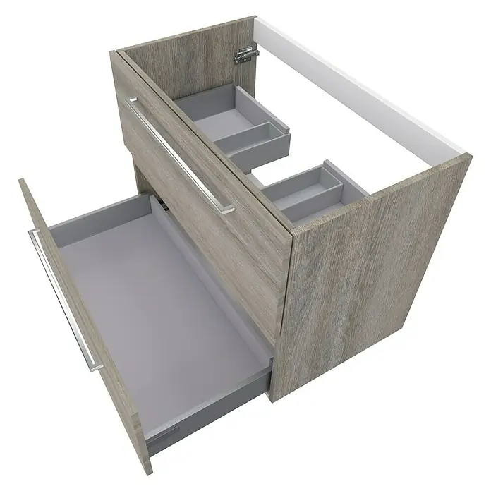Camargue Espacio Waschtischunterschrank - 80 x 46 x 60 cm, 2 Schubkästen, Faro - Abgebildeter Badezimmerschrank aus Holz mit zwei Schubladen und Fächern für Zubehör.