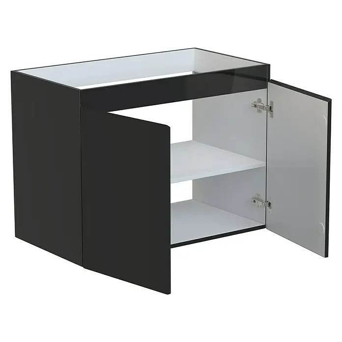 Camargue Espacio Waschtischunterschrank - 80 x 46 x 60 cm, 1 Einlegeboden, Gama anthrazit glänzend - Ein moderner schwarzer Waschtischunterschrank mit weißem Innenraum und zwei Regalen, dessen Tür geöffnet ist, um die Regale zu zeigen.