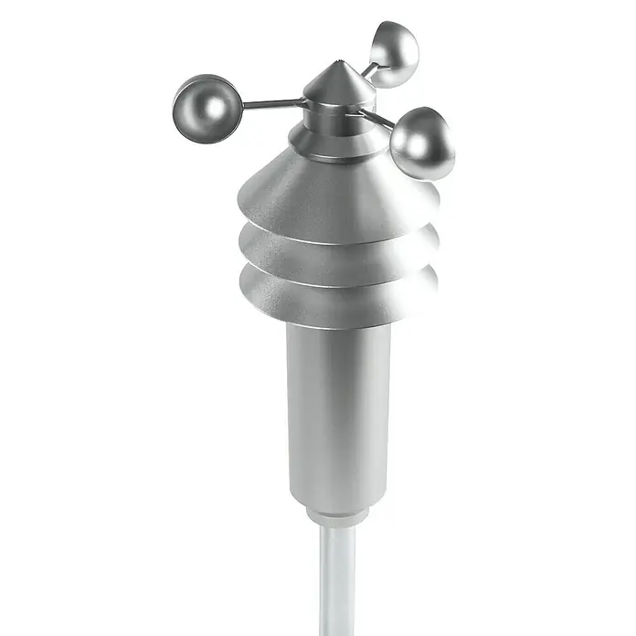 Homematic IP Funk-Wettersensor HmIP-SWO-B - Batteriebetrieben, 15 x 15 x 42 cm, Edelstahl - Nahaufnahme einer silbernen Windgeschwindigkeitsmessanlage, die die Windgeschwindigkeit durch drehende Halbkugeln misst.