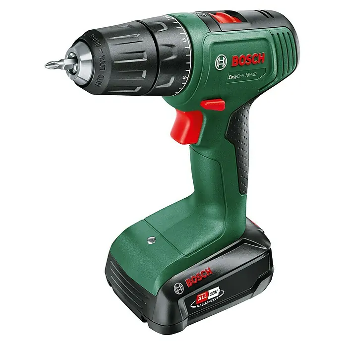 Bosch Power for All 18V Akku-Bohrschrauber Easy Drill 18V-40 - 18 V, 2 Akkus, 1,5 Ah, 32 Nm - Grüne und schwarze Bosch EasyDrill 18V-40 Akkubohrmaschine mit roten Akzenten und 18V Akku.