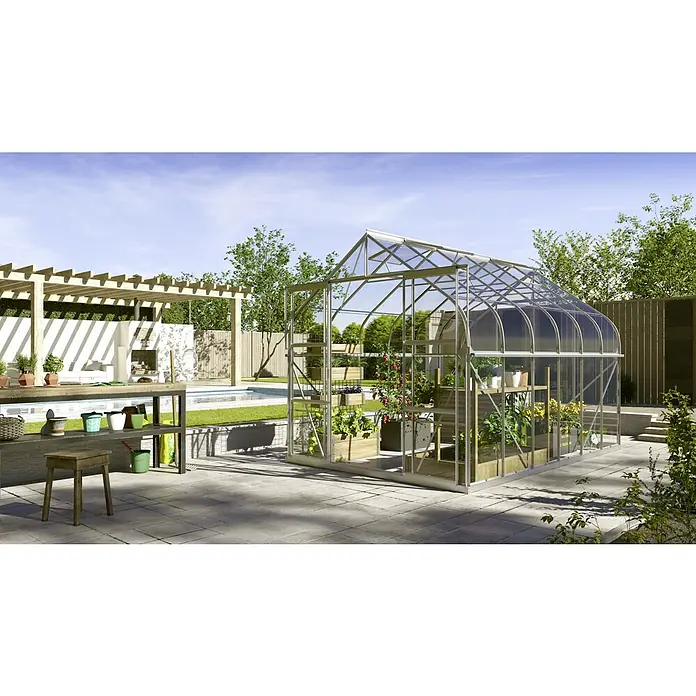 Vitavia Gewächshaus Dione 9900 - Außenmaß inkl. Dachüberstand (B x T): 263,5 x 383 cm, 3 mm, Aluminium - Ein geräumiges Gewächshaus im Garten, perfekt für den Anbau von Gemüse und Pflanzen. Es bietet viel Platz und Licht für eine reiche Ernte.