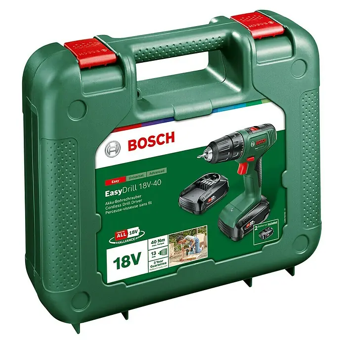 Bosch Power for All 18V Akku-Bohrschrauber Easy Drill 18V-40 - 18 V, 2 Akkus, 1,5 Ah, 32 Nm - Bosch EasyDrill 18V-40 Akku-Bohrschrauber-Set in dunkelgrünem Kunststoffkoffer, mit Bohrmaschine und zwei Akkus.