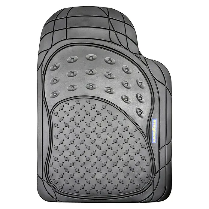 Goodyear Juego de alfombrillas para coche - 3 pzs., Negro - Alfombrilla negra Goodyear con superficie texturizada y ranuras para un agarre adicional, diseñada para proteger el piso de tu coche.