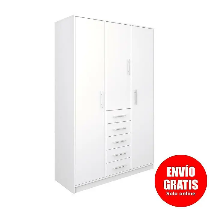 Meka Block Armario para ropa K-9235 - L x An x Al: 50 cm x 130 mm x 200 cm, Blanco Liso - Armario blanco con puertas batientes y seis cajones centrales.