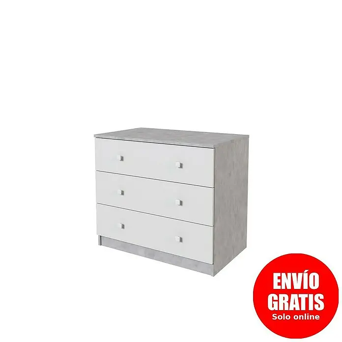 Meka Block Cómoda K-636 - L x An x Al: 48 x 80,2 x 66,9 cm, Cemento Grey/Blanco Liso, Número de cajones: 3 ud. - Cómoda blanca de tres cajones con estructura efecto hormigón gris y tiradores rectangulares.