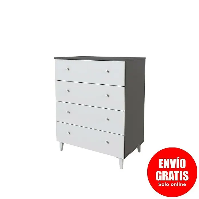 Meka Block Cómoda París - L x An x Al: 48 x 80,2 x 100,4 cm, Gris París/Blanco Liso, Número de cajones: 4 ud. - Cómoda blanca de cinco cajones con tapa y laterales gris oscuro, sobre patas claras.