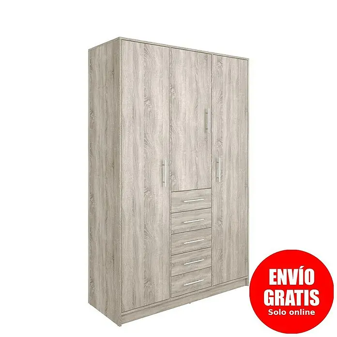 Meka Block Armario para ropa K-9235 - L x An x Al: 50 cm x 130 mm x 200 cm, Roble Cortez - Armario de madera clara con varias puertas y cajones centrales.