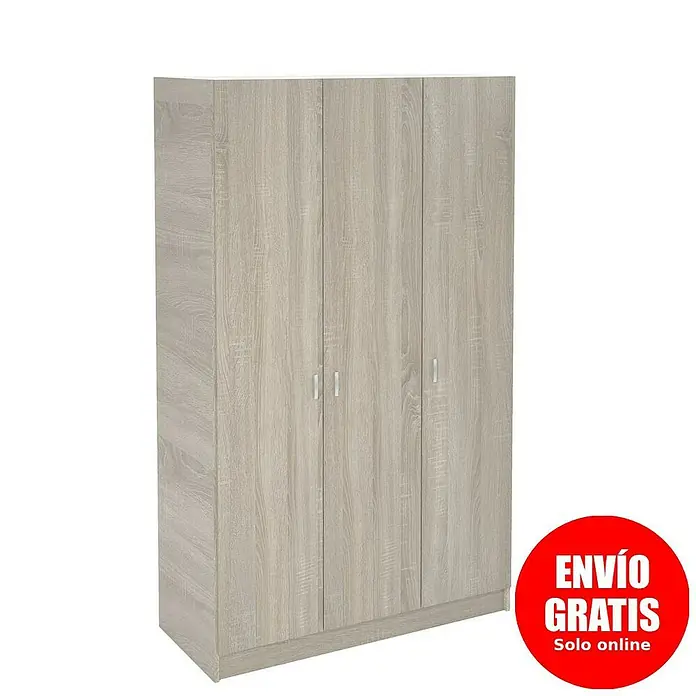 Meka Block Armario para ropa K-7349 - L x An x Al: 52 cm x 128,2 mm x 200 cm, Roble Cortez - Armario de tres puertas con aspecto de madera clara y tiradores plateados.