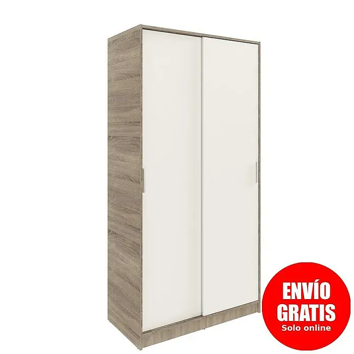 Meka Block Armario de puertas correderas K-511 - L x An x Al: 50 x 100 x 200 cm, Blanco Liso/Roble Cortez - Armario de dos puertas correderas blancas y estructura efecto madera clara.